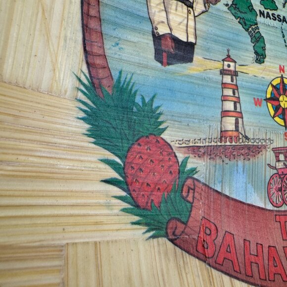 Vtg Bahama Islands Souvenir Bamboo Light Trinket Tray Bowl Tan Map Imagery - Picture 11 of 11